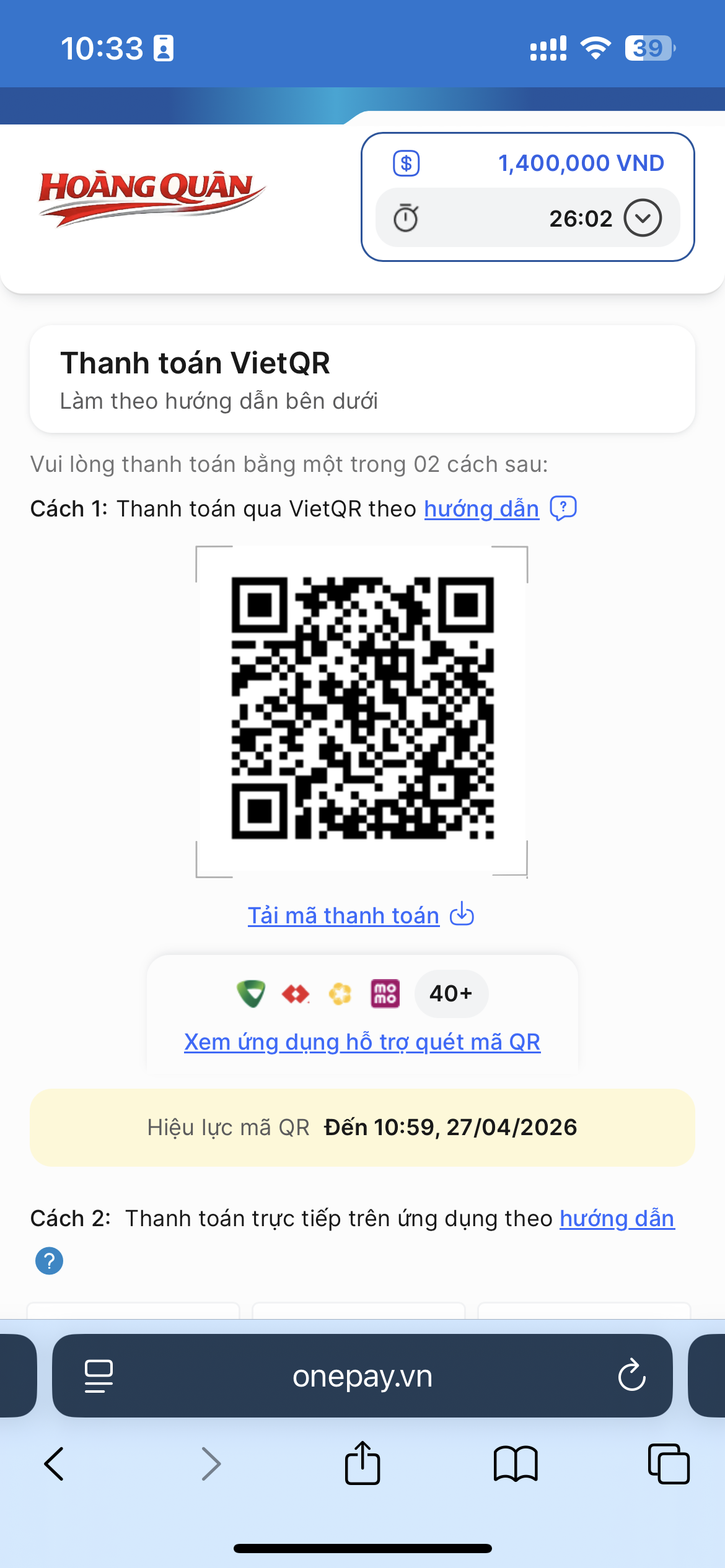 Màn hình thanh toán bằng mã QR